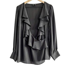 City Chic Black Ruffle Deep V-Neck Blouse – Size Plus XS/14